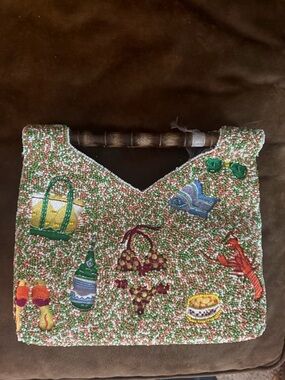 Beaded Multicolor Embroidered Handbag with Wooden Handle